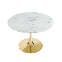 Table Séjour MONIKA Verre Effet Marbre Ronde 110cm Pied Doré -Maison Jardin Élégance table sejour monika or 110cm verre trempe effet marbre pied en metal dore 3