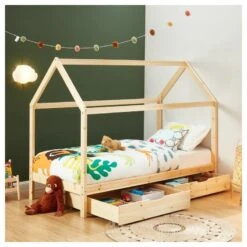 Lit Cabane Avec Tiroirs TINY Pin Naturel 90x190 Sommier Inclus