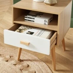 Table De Chevet ULOS Blanc Et Effet Chêne 1 Tiroir 40cm -Maison Jardin Élégance uloschbl table de chevet blch 2