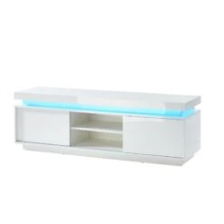 Meuble Tv à LED ULYSSE Laqué Blanc Brillant 2 Portes 150cm -Maison Jardin Élégance ulysse mtv a led blanc laque 2