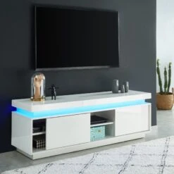 Meuble Tv à LED ULYSSE Laqué Blanc Brillant 2 Portes 150cm